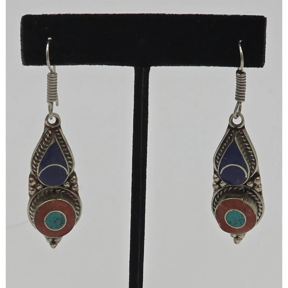 Tibetan Handmade Dangle Earrings Turquoise,‎ red coral, lapis Gemstones #0156